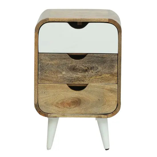 Wooden Round Edge Three Drawer Braithwaite Bedside Table White With Cone Design Legs