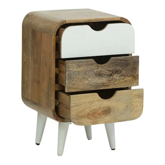 Solid Mango Wood Round Edge Three Drawer Braithwaite Bedside Table White With Cone Design Legs.