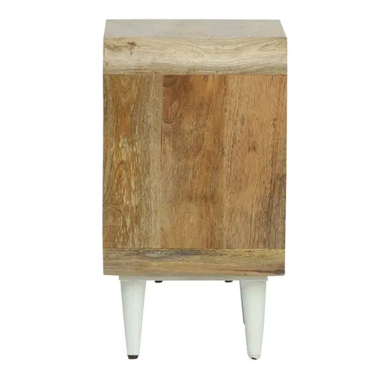 Mango Wood Round Edge Three Drawer Braithwaite Bedside Table White With Cone Design Legs.