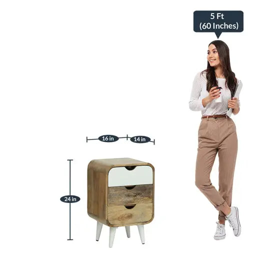 Solid Mango Wood Round Edge Three Drawer Braithwaite Bedside Table White With Cone Design Legs.
