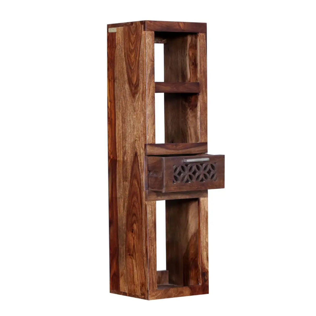 Wooden bookshelf with open shelf and one drawer.