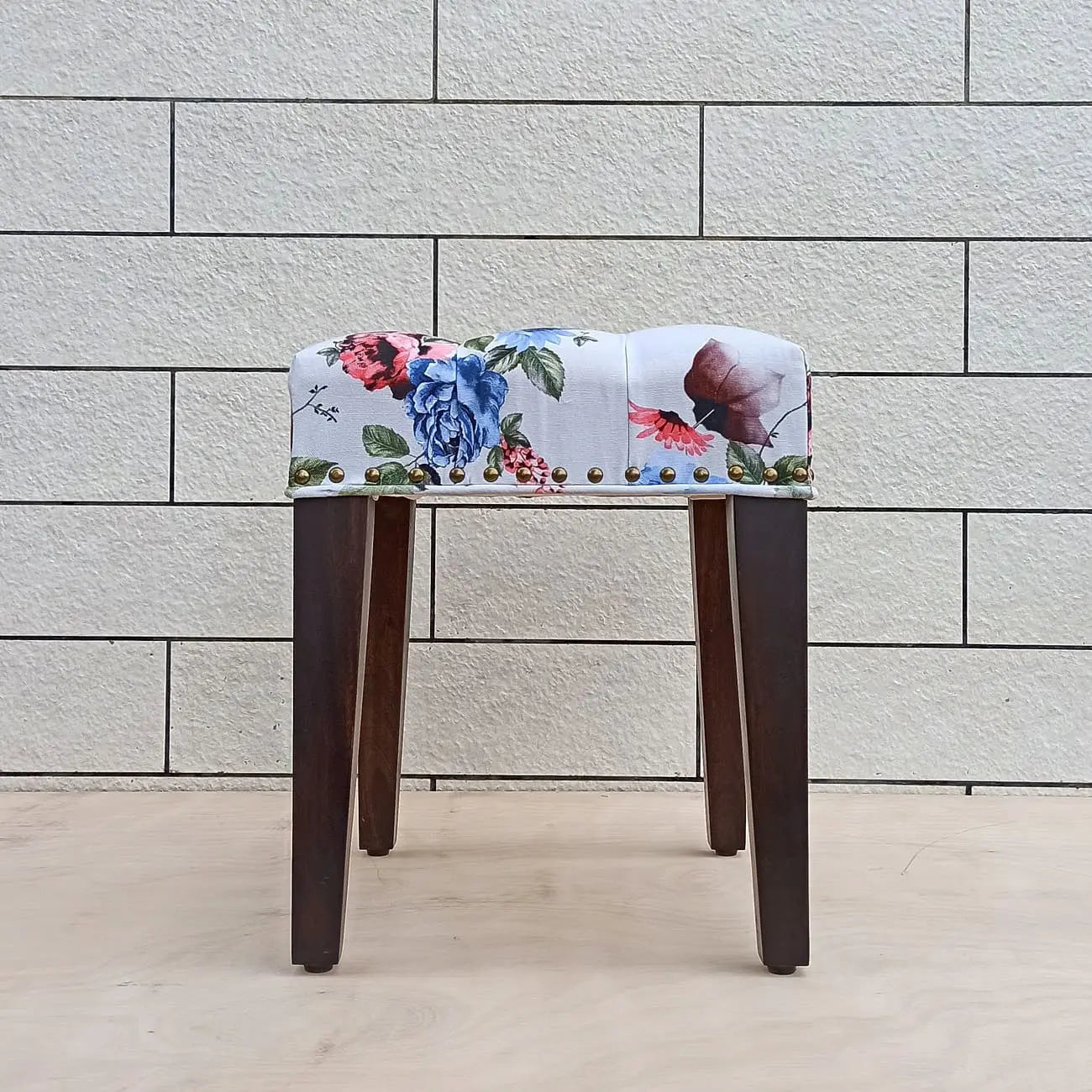 Solid wood Small Abbey stool blue with floral cushion.