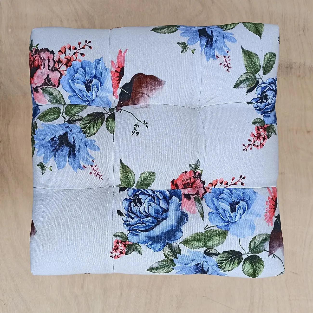Sheesham wood Small Abbey stool blue with floral cushion.