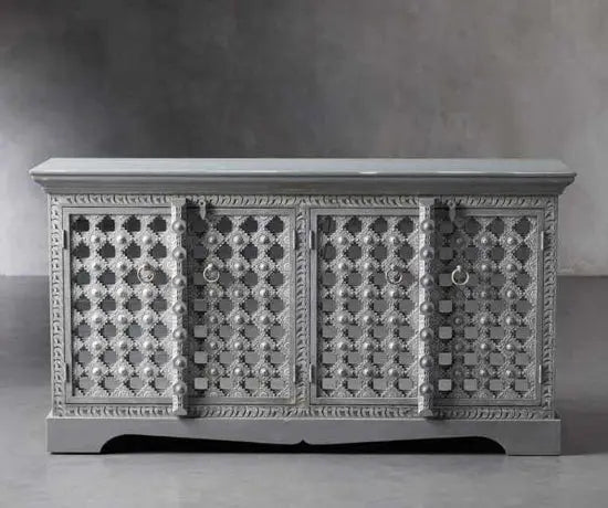 Solid Mango Wood Four Doors Artistic Sideboard. This Sideboard Hand Crafted doors and Front Panel Looks So Antique. Four Big Doors For Keeps Item Easily on This Sideboard.