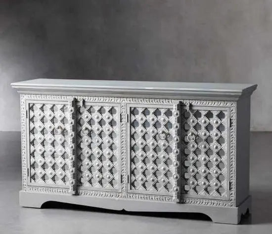 Solid Mango Wood Four Doors Artistic Sideboard. This Sideboard Hand Crafted doors and Front Panel Looks So Antique.