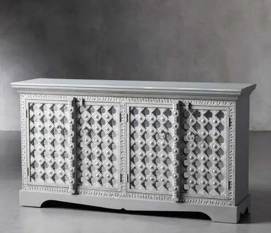 Solid Mango Wood Four Doors Artistic Sideboard. This Sideboard Hand Crafted doors and Front Panel Looks So Antique.