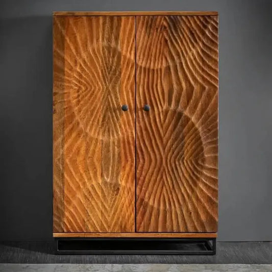 Two Door Wave Bar Cabinet Natural Made in Mango Wood and Metal Frame.