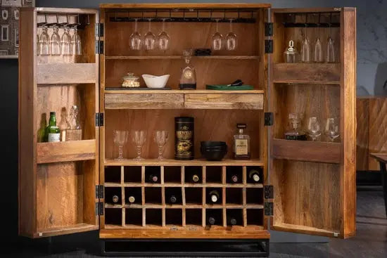 Two Door Wave Bar Cabinet Natural, Two Drawer inside in Bar. Bottle Rack And Glass Hanger Looking Beautiful in This Bar Cabinet.
