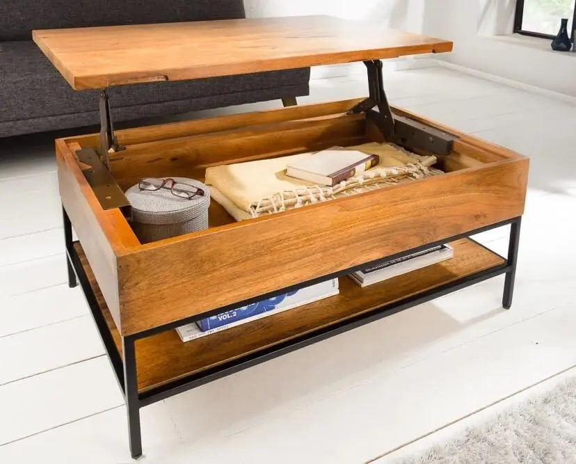 Mango wood Ama lift on coffee table with lift-top design in a living room setting.