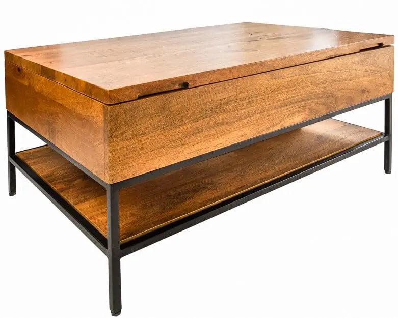 Mango wood and Metal Frame Ama lift on coffee table with a storage compartment in a living room setting.