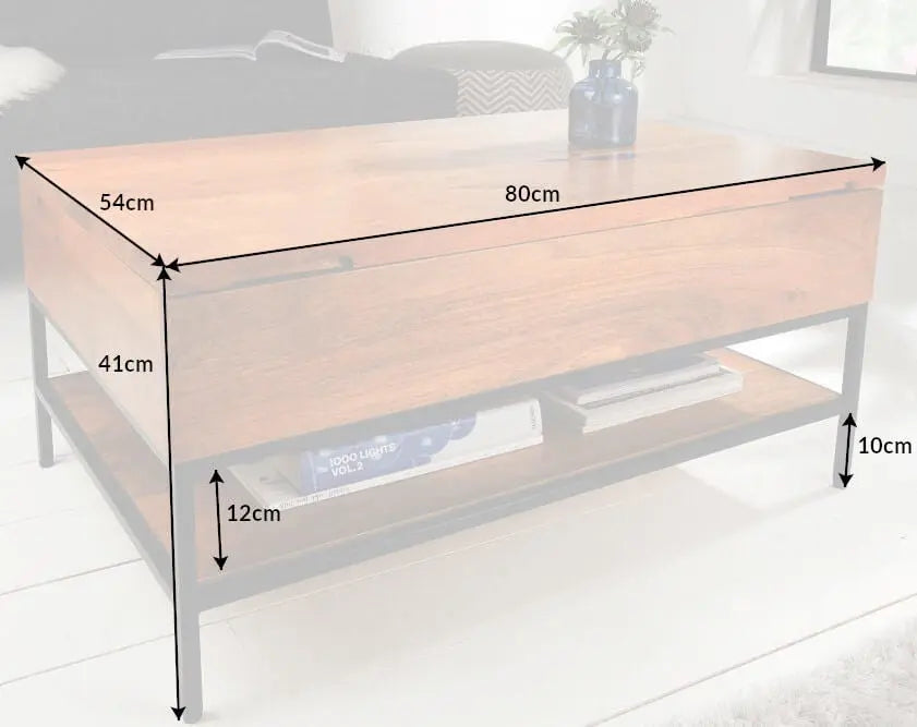 Mango wood and Metal frame Ama lift on coffee table with a storage compartment in a living room setting.