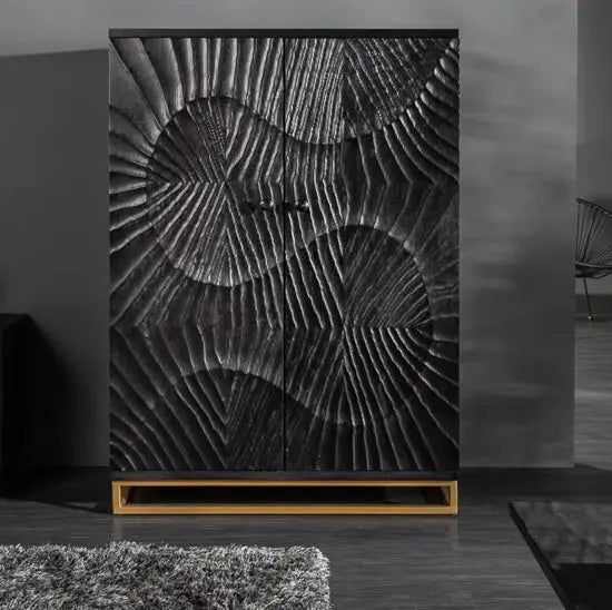 Solid Mango Wood and Metal Two Door Wave Bar Cabinet Black.