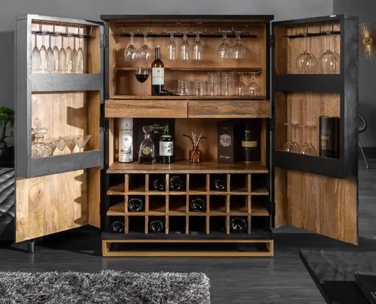 Two Door Wave Bar Cabinet Black Two Drawer inside in Bar. Bottle Rack And Glass Hanger Looking Beautiful in This Bar Cabinet.