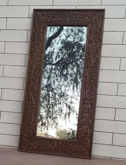 Rectangular hand carved mirror with both way hanging options.