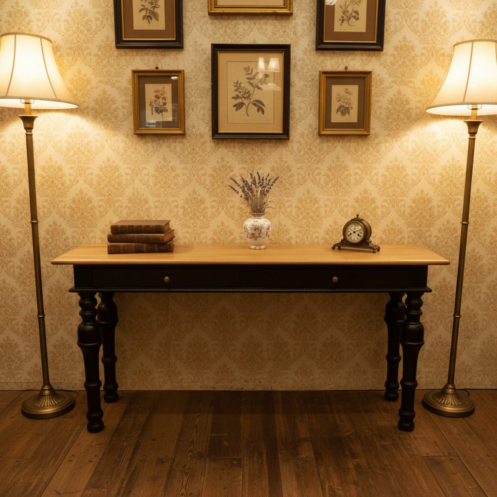 A solid mango wood console table with two drawers, featuring a natural finish on top and a walnut base.