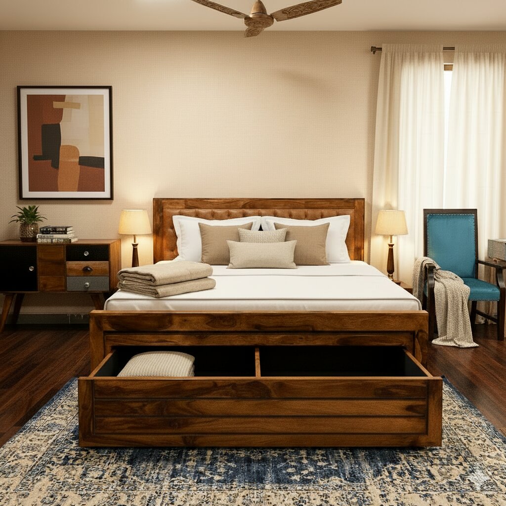 Solid sheesham Wood Chesterfield Bed with half box and half front drawer storage.