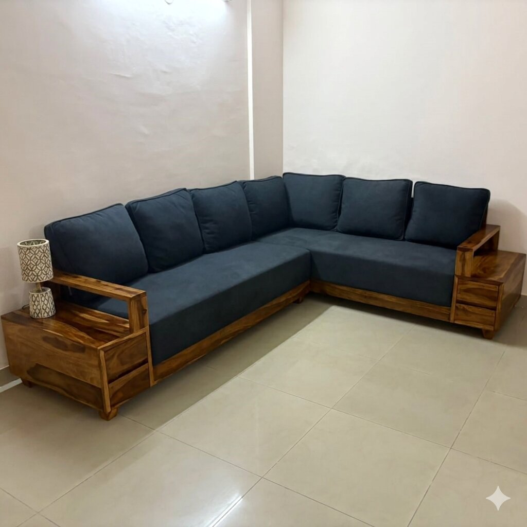 Wooden Frame Seven Seater Cuboid L Shape Sofa.