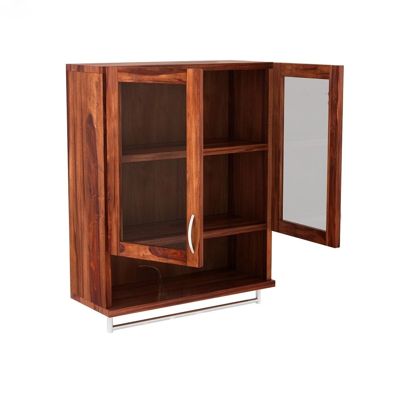 Two Glass Door and Small Shelf with hanging Rod Earth Bathroom Rack Made in Solid Sheesham Wood.