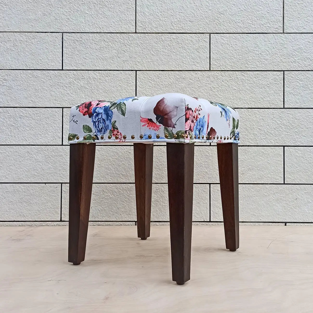 Solid Sheesham wood Stool with floral patterned seat.