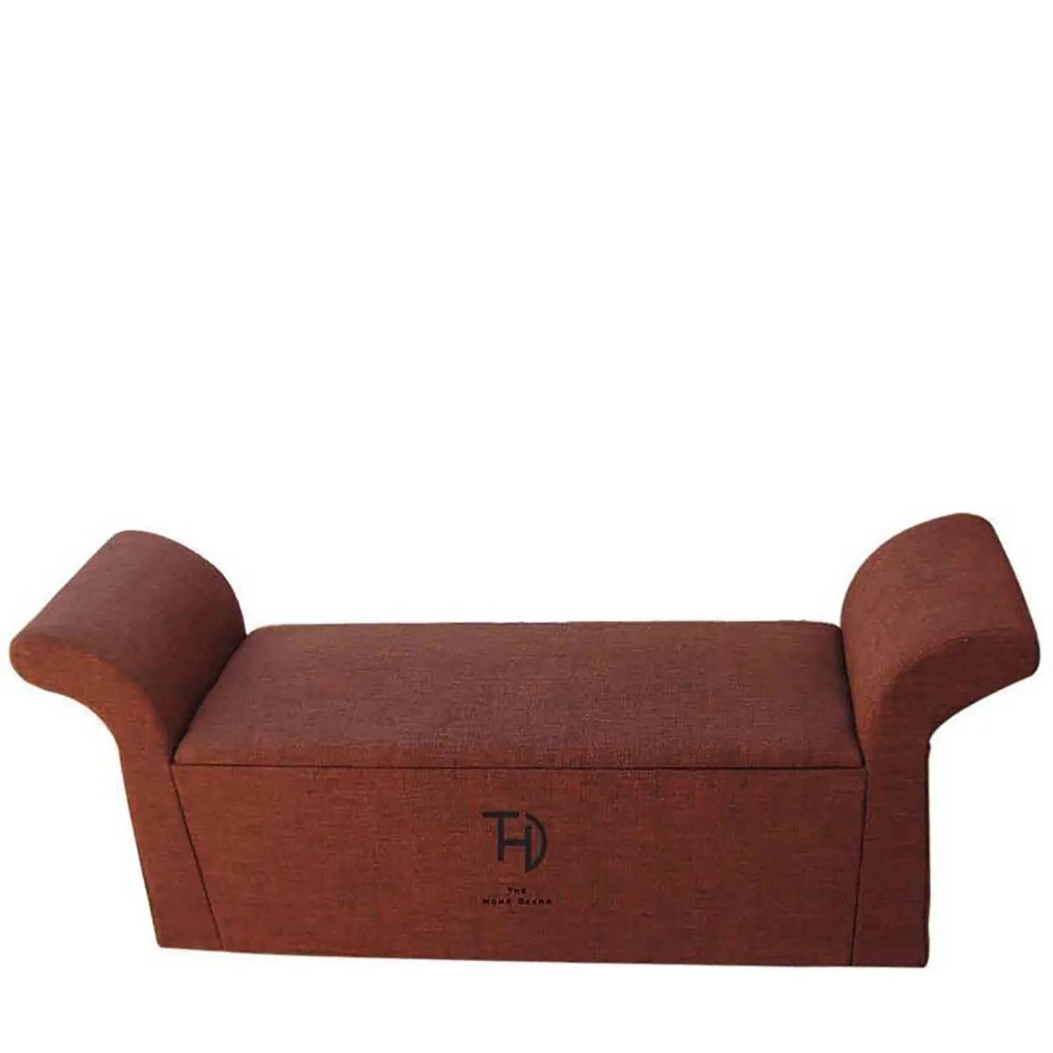 maroon upholstered bench with curved armrests.