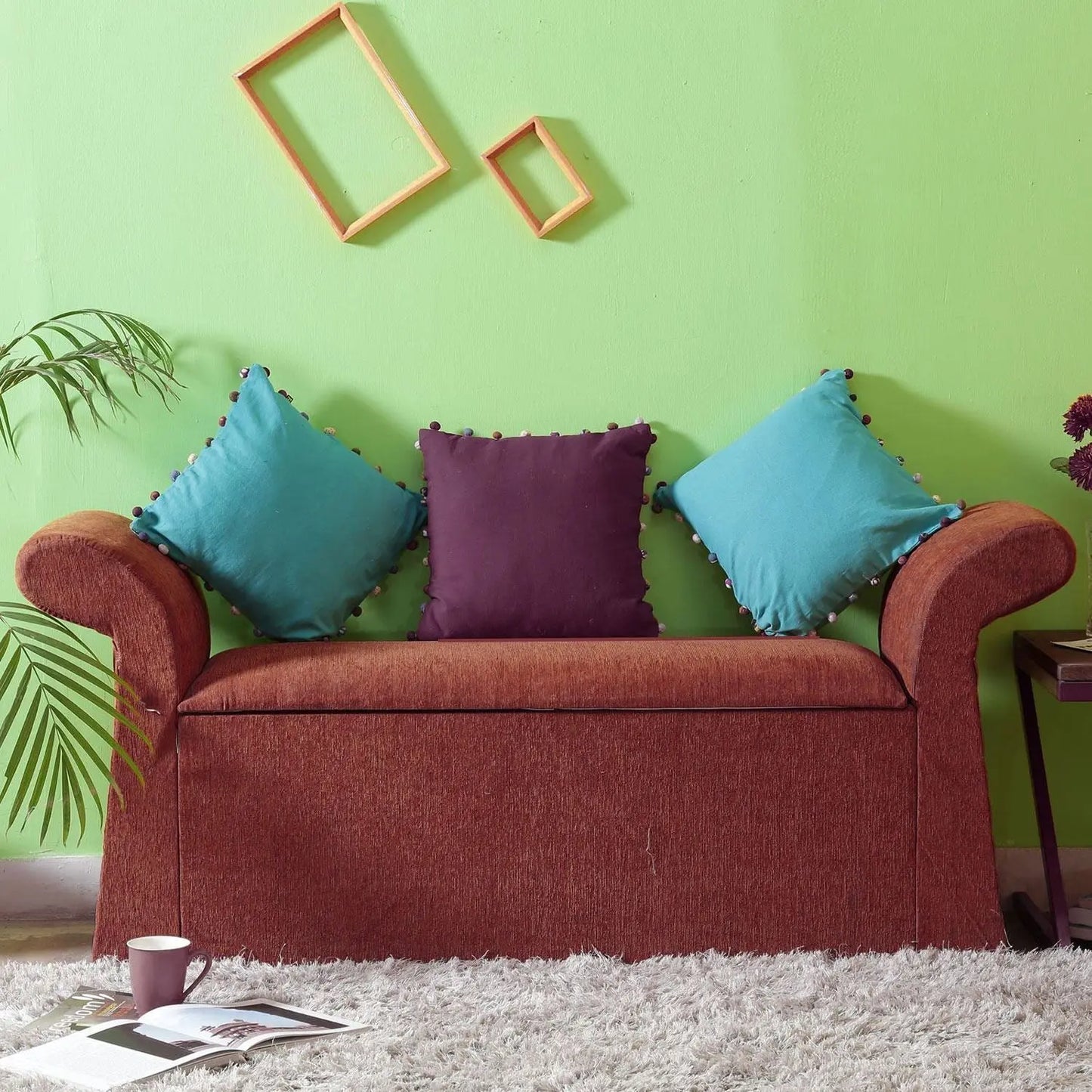 Maroon Storage box with armrests.