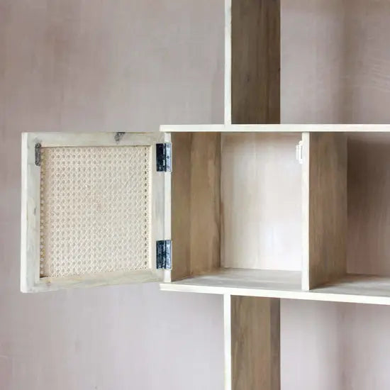 Solid Mango Wood and Natural Cane Four Shelf and Four Door Zig Zag Design Atlanta Bookshelf.