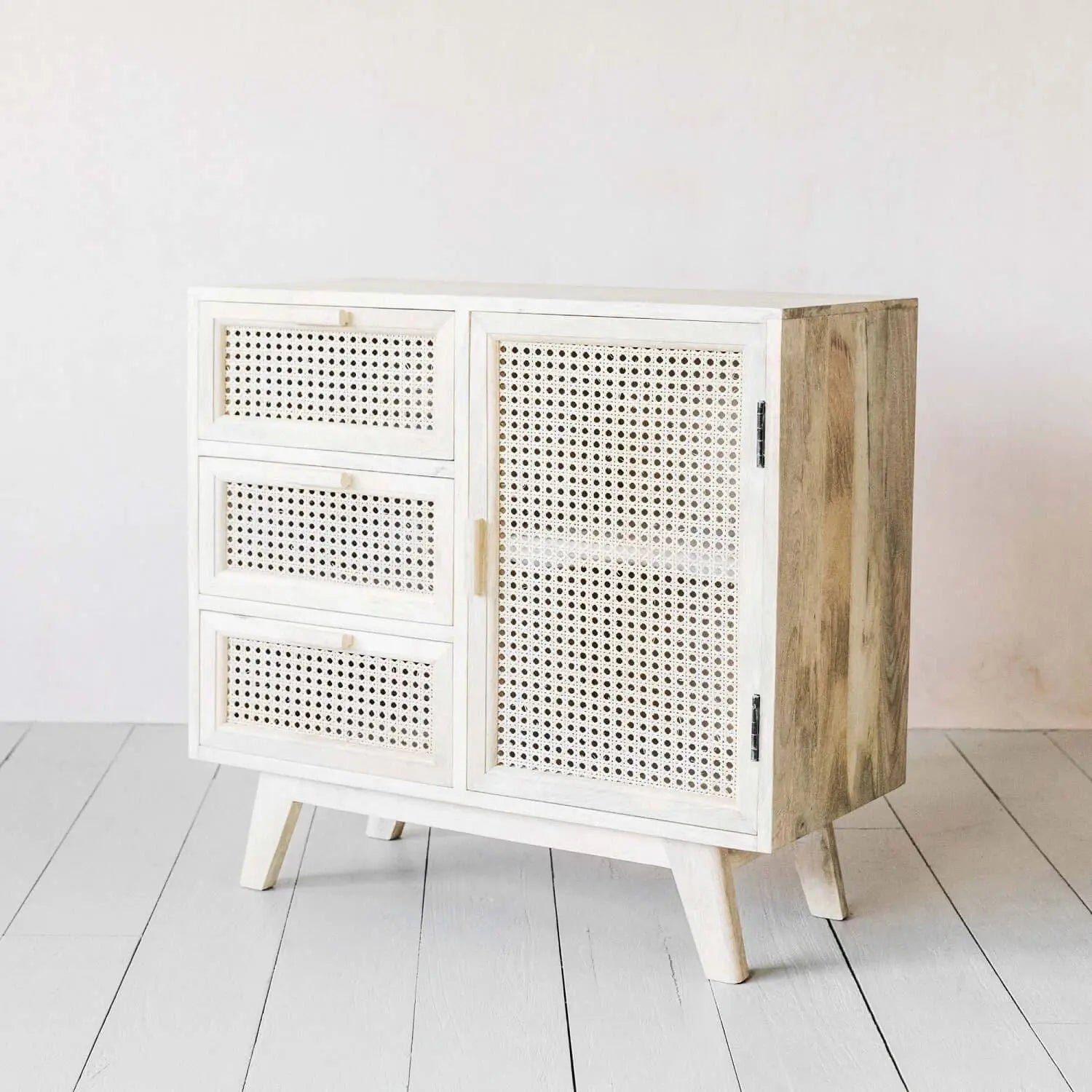 One door and Three drawer Atlanta Cabinet Made in Solid mango wood and Natural rattan.