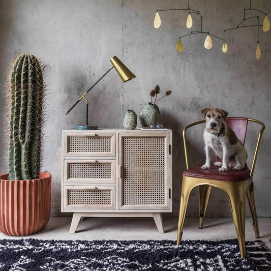 Solid wood and Natural rattan One door and Three drawer Atlanta Cabinet.