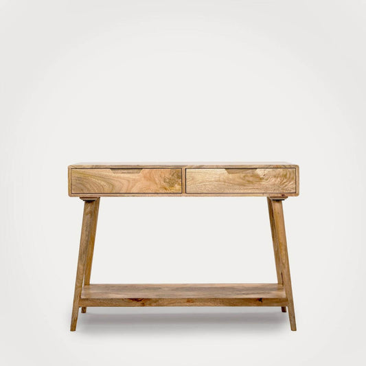 A light brown solid wood console table with two drawers on top and an open shelf below.