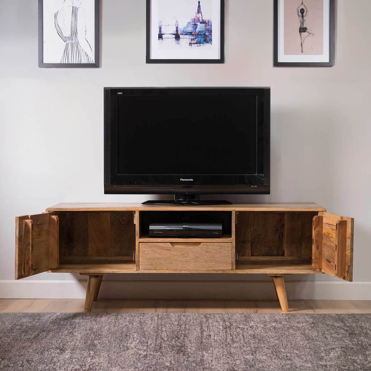 solid wood two door, one shelf and one drawer atlantis tv cabinet.