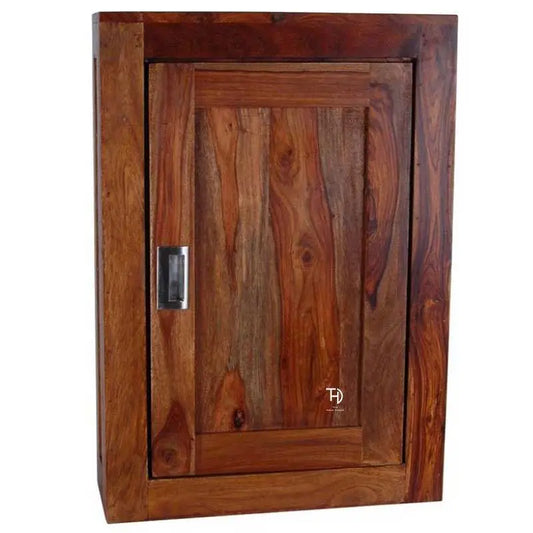 Wooden cabinet with a metallic handle.