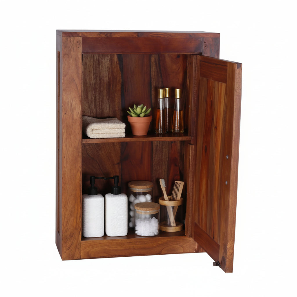 Wooden cabinet with open door with shelf.