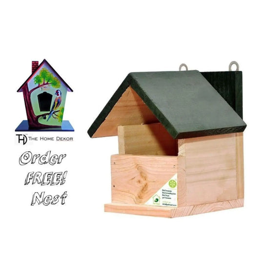 Wooden birdhouse with green roof.