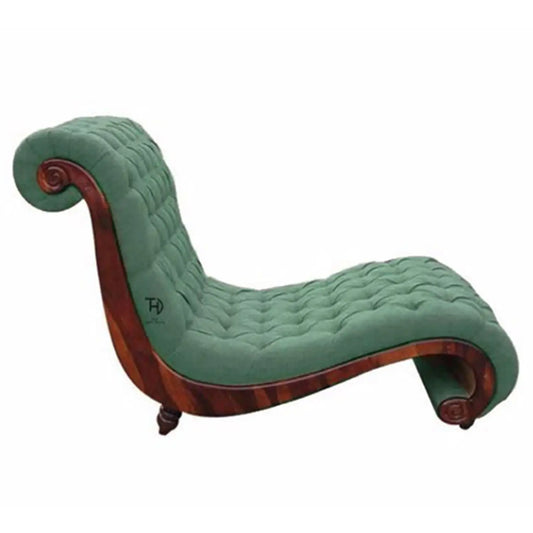 Green chaise lounge with wooden frame.