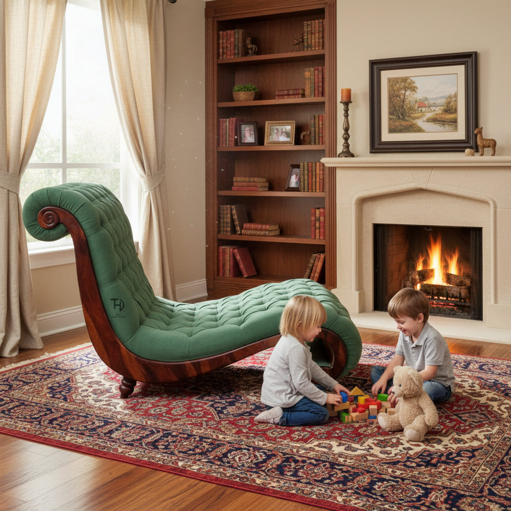 Green chaise lounge with wooden frame.