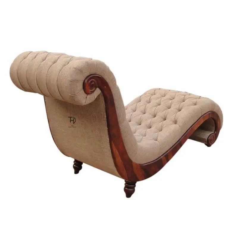 Beige upholstered chaise lounge with wooden armrests.