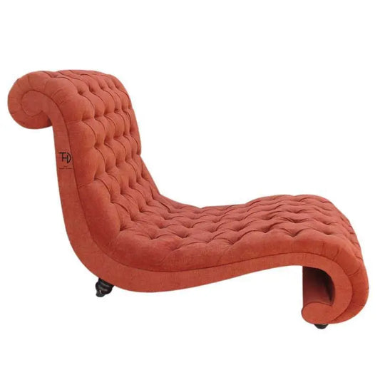 Wooden Carved legs Orange tufted chaise Bloxi lounger chair.