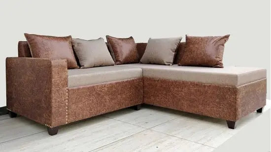 Sheesham Wood structure Bruno L Shape Sofa in Walnut finish with mix fabric.