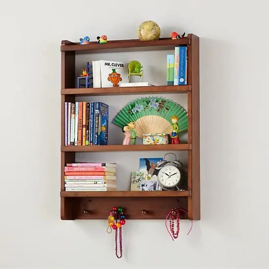 Solid wood Three compartments and four hooks at the bottom Childrens Wall Book Shelf.