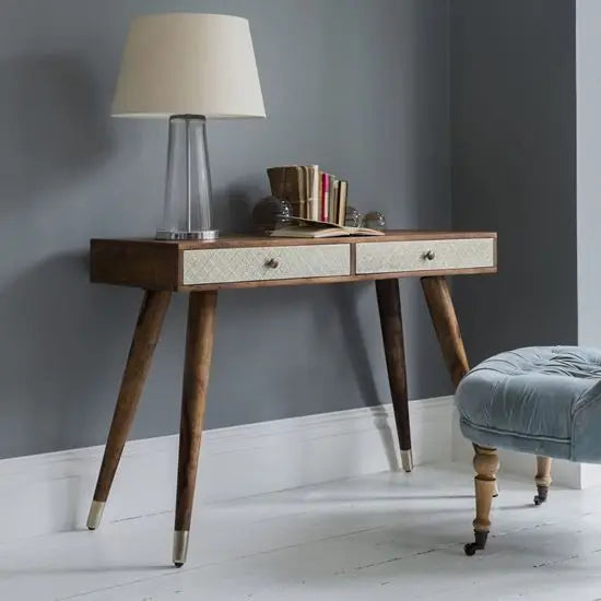 Two brass foil sheet drawer Clazzer study table made in solid sheesham wood.