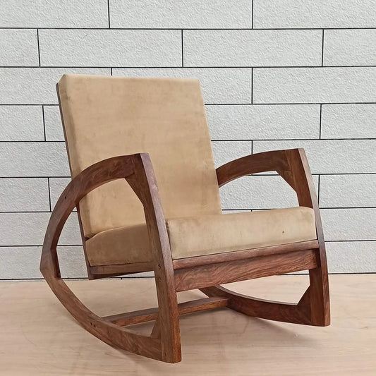 Beige cushioned rocking chair with wooden frame.