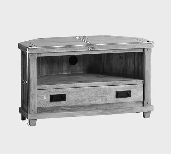 Wooden One drawer and One shelf Devi Corner Tv Cabinet in Mango Natural Finish.