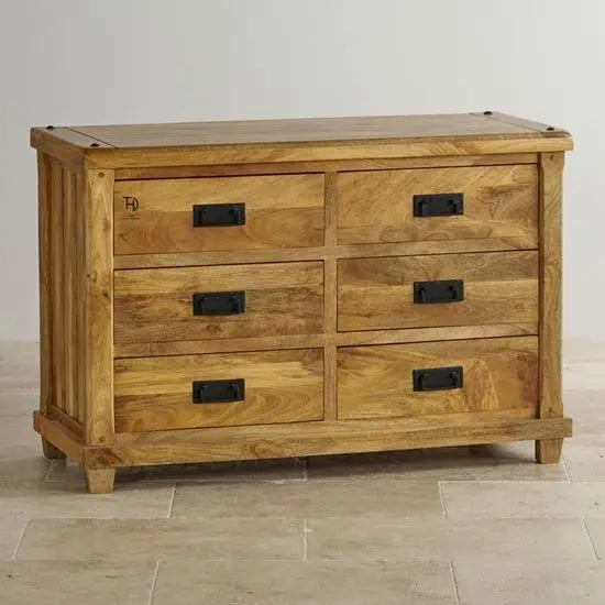 Solid mango wood Six drawer chest with black chest handle by The Home Dekor.