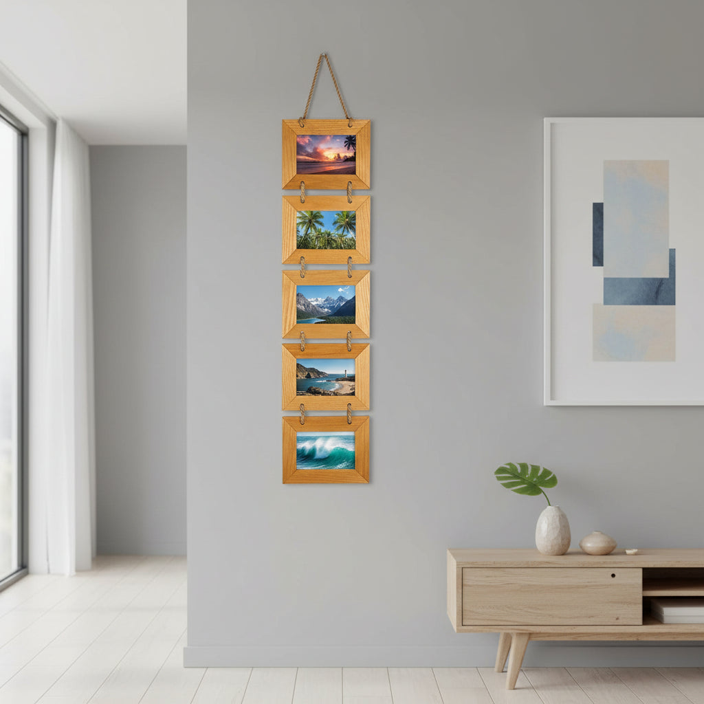 A vertical photo frame made of mango wood with five glass windows, tied together with a rope.