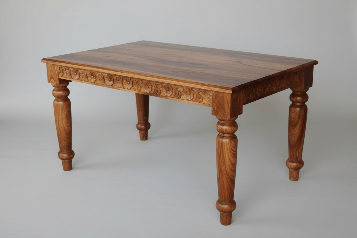 Sheesham wood Dome four seater dining table with intricate carvings.
