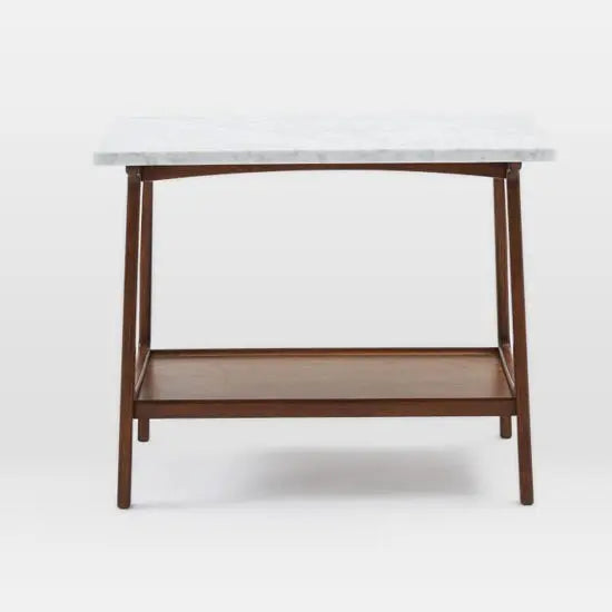 Solid wood one shelf rectangle End table handmade with white marble stone.