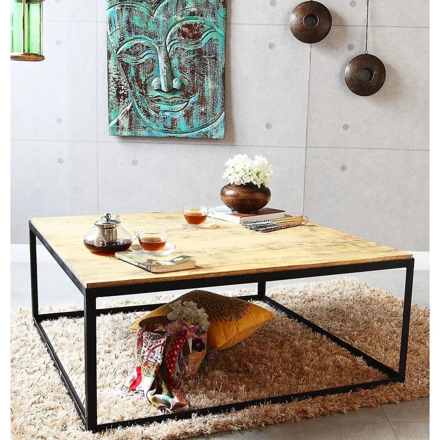 Solid Wood Top and Metal Frame Ferrous Square Coffee Table.