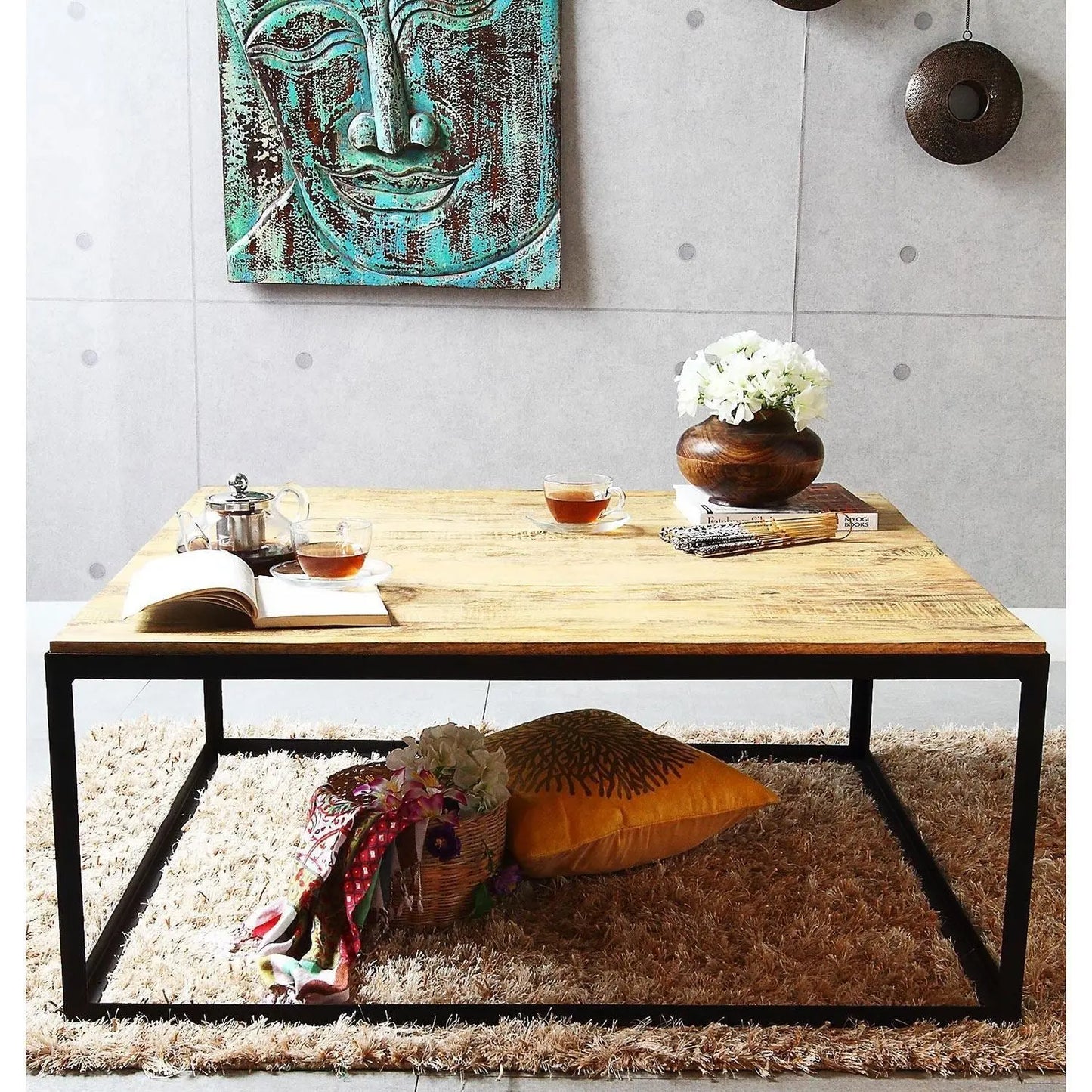 Wooden Top and Metal Frame Ferrous Square Coffee Table.