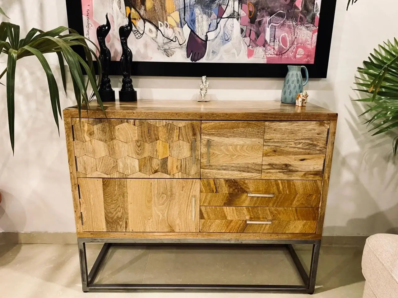 Mango wood and Metal Frame Three Door and Two Drawer Herringbone sideboard with geometric pattern.