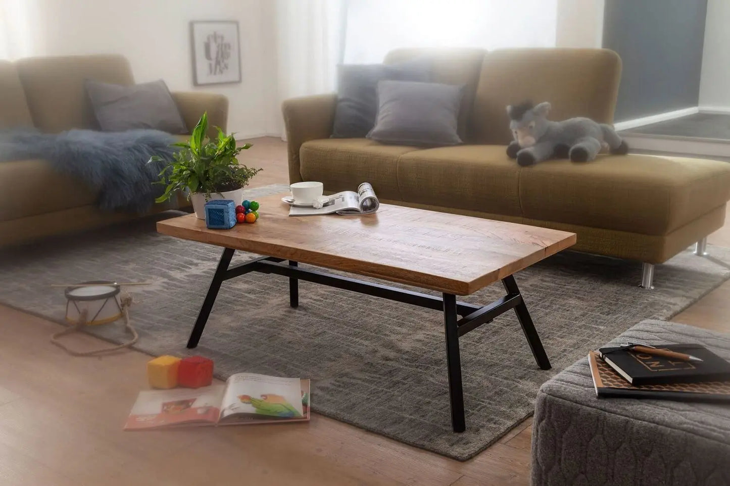 Solid Sheesham wood and Metal frame Distress top Heartz coffee table.